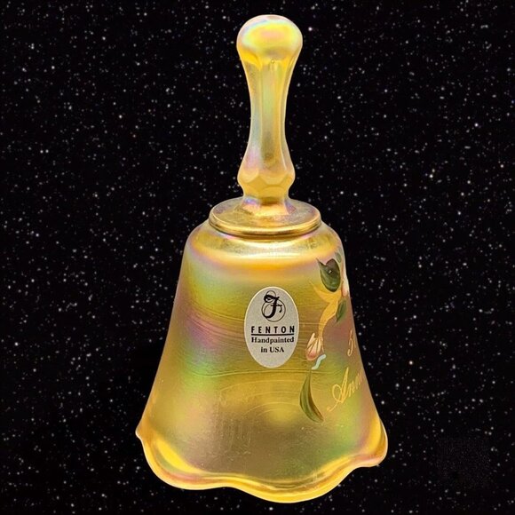 FENTON Glass Hand Painted 50TH ANNIVERSARY IRIDESCENT YELLOW Bell Signed 4”T 2”W - Picture 2 of 5